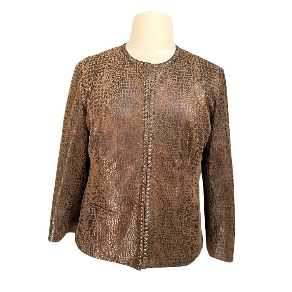 Chico's Dark Brown Faux Leather Moto Jacket with Lined Leopard Print Size: (3)L